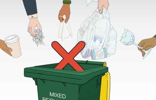 Keep coffee cups, shredded paper, tissues, bagged recyclables and glass out of your recycling