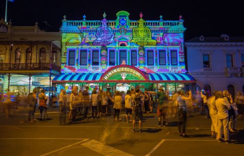 White Night Ballarat image from previous year, showing the crowd in front of the Mining Exchange lit up