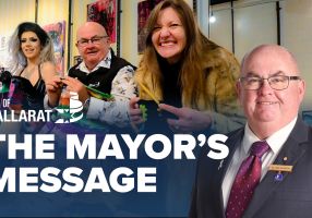 Text with The Mayor's Message with an image of Mayor Cr Des Hudson in front of the Ballarat Pride Month program launch