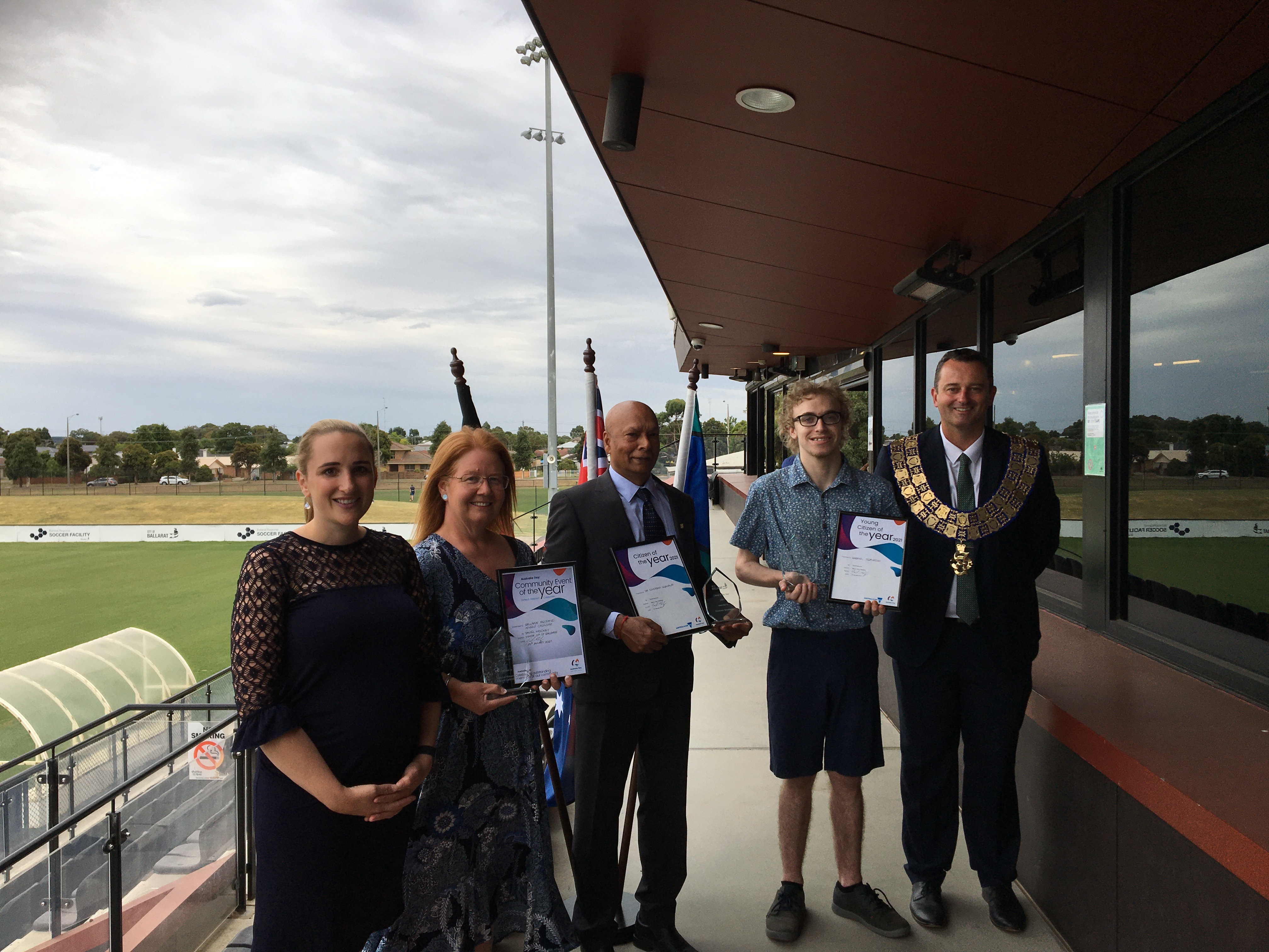 Left to right: Deputy Mayor Cr Amy Johnson, Heather Luttrell, Dr Sundram Sivamalai, Gabriel Gervasoni and Ballarat Mayor Cr Daniel Moloney