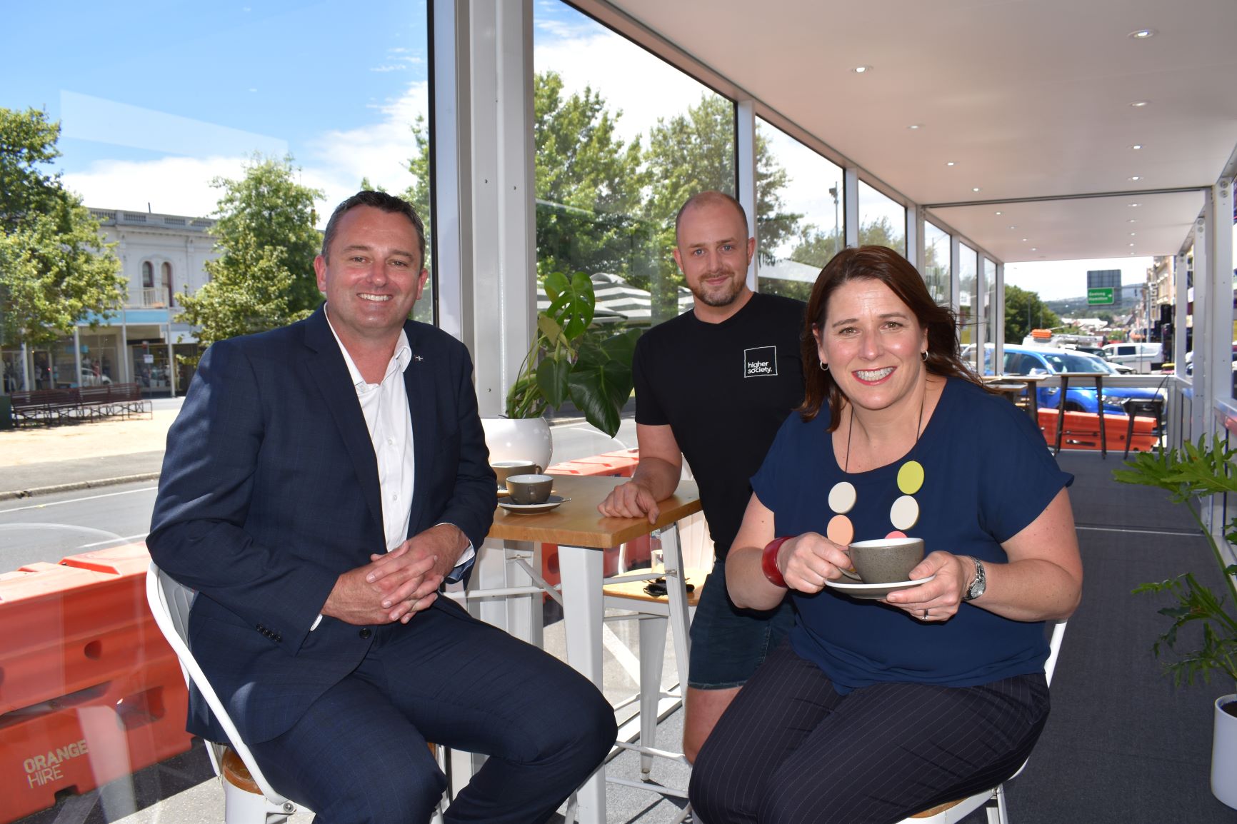 Mayor Daniel Moloney, Member for Wendouree Juliana Addison MP and Higher Society owner Rhys Jeffrey at the Sturt Street outdoor dining hub, 13 January 2021