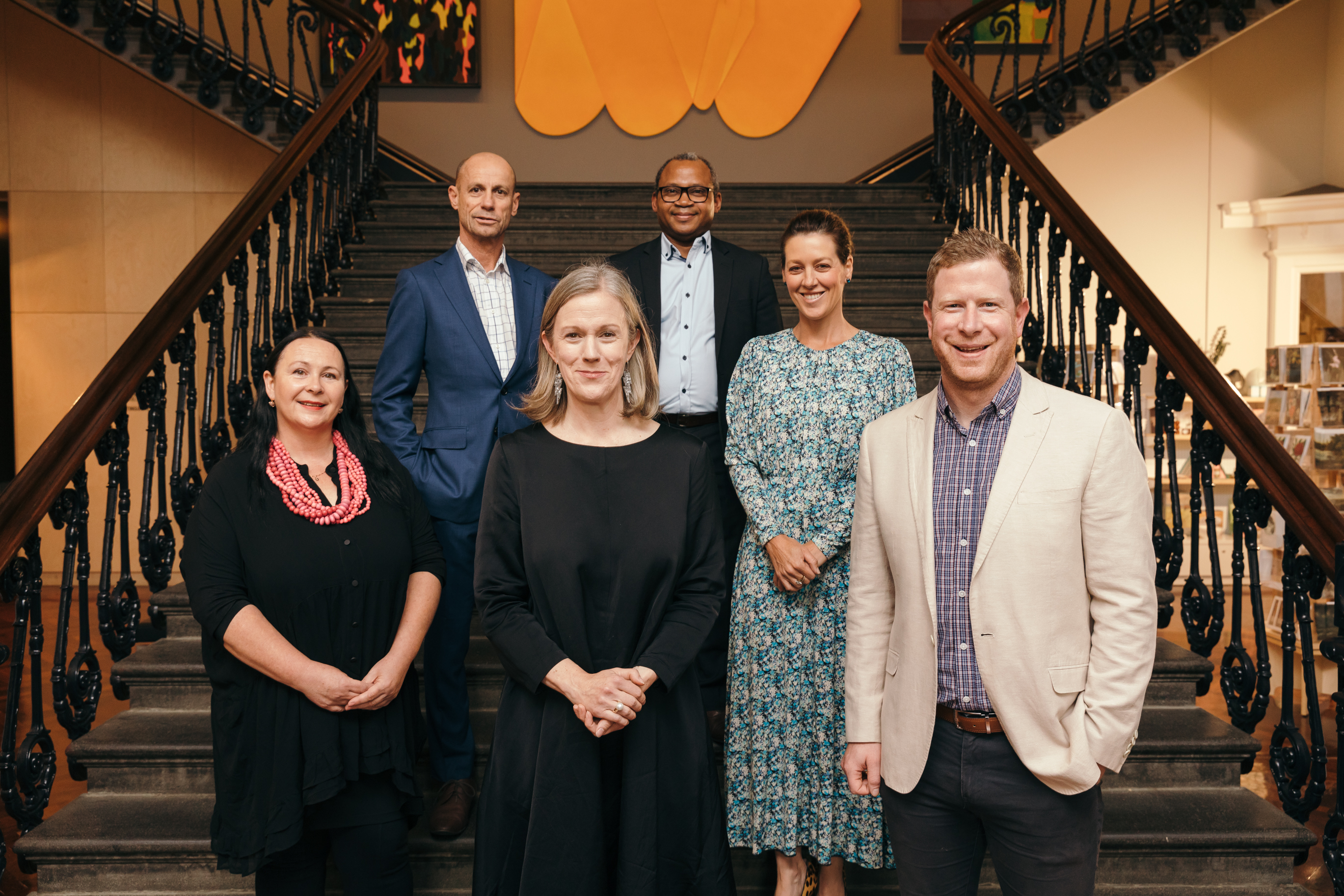 Six of the We Are Ballarat Ambassadors, picture at the Art Gallery of Ballarat, from left: Dr Deanne Gilson, Steve Moneghetti AM, Sara Quon, Dr Michael Akindeju, Gorgi Coghlan and Tim Bone