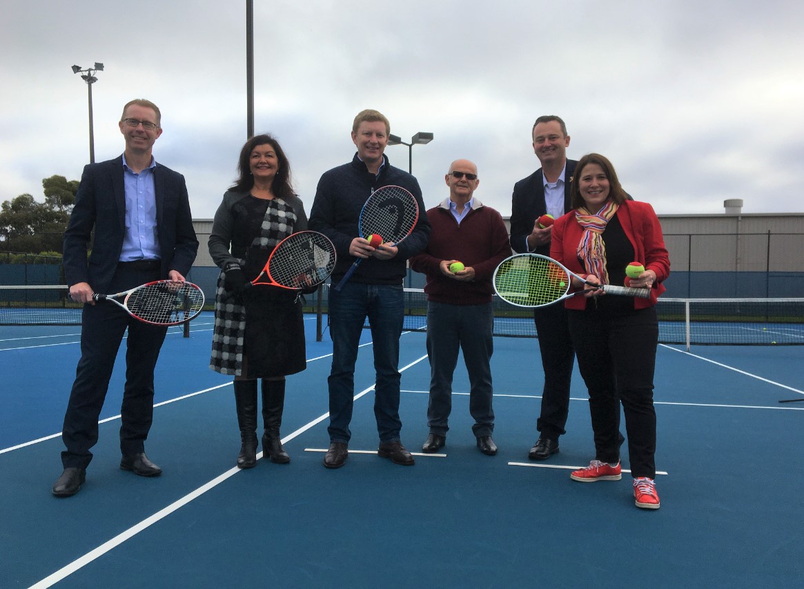 City of Ballarat CEO Evan King, Central Ward Cr Samantha McIntosh, Ballarat Regional Tennis Centre President Chris Alcock, North Ward Cr Peter Eddy, Ballarat Mayor Daniel Moloney and Member for Wendouree Juliana Addison at the announcement of $1 million funding for the Ballarat Regional Tennis Centre upgrade.