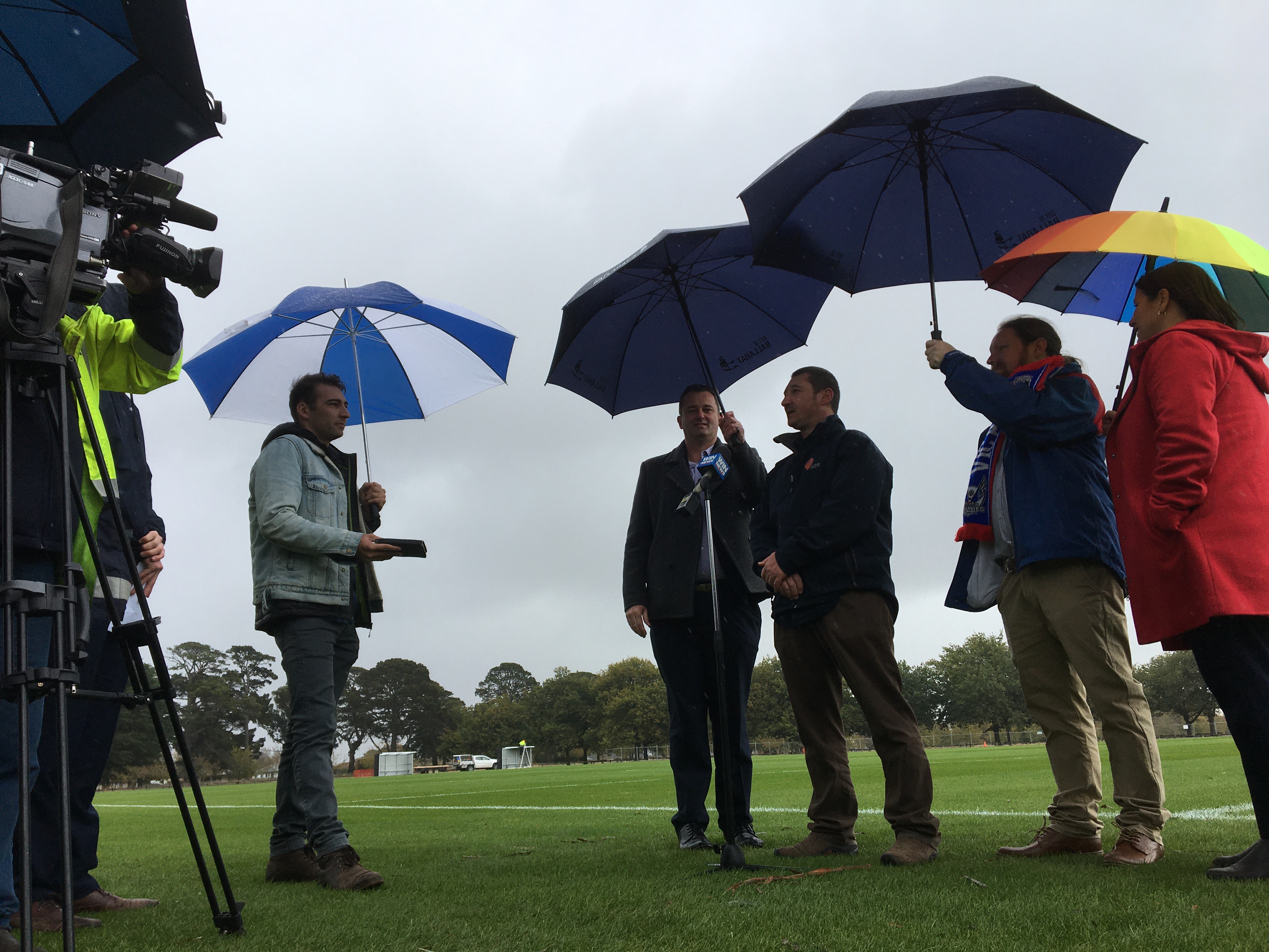 Media interviewing Ballarat Mayor Daniel Moloney, Member for Wendouree Juliana Addison MP, Dave Horwood from Lucas Cricket Club and Sean O'Meara from Victoria Park Football Club 