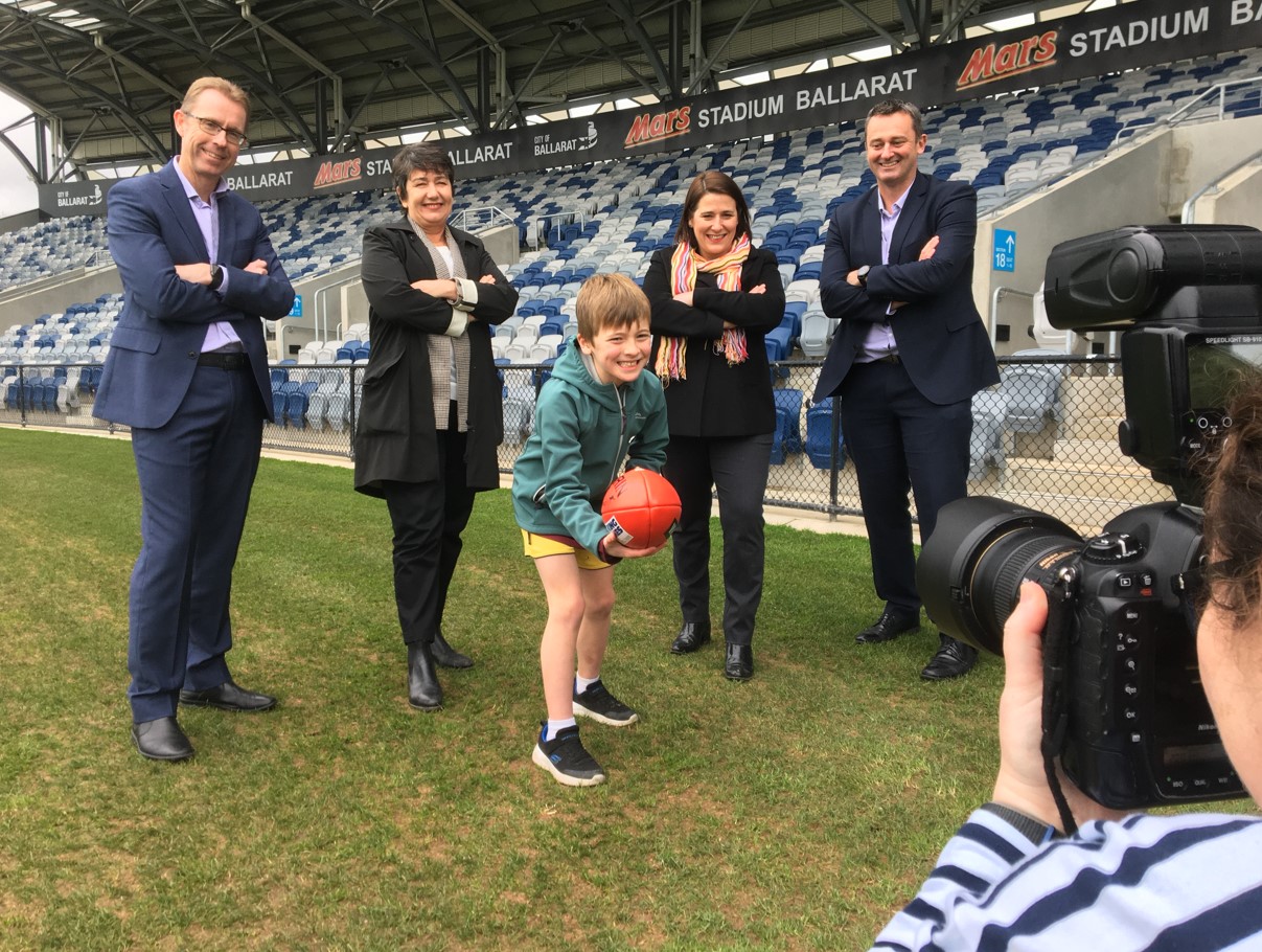 City of Ballarat CEO Evan King, Member for Buninyong Michaela Settle, Member for Wendouree Juliana Addison, Ballarat Mayor Daniel Moloney at Mars Stadium