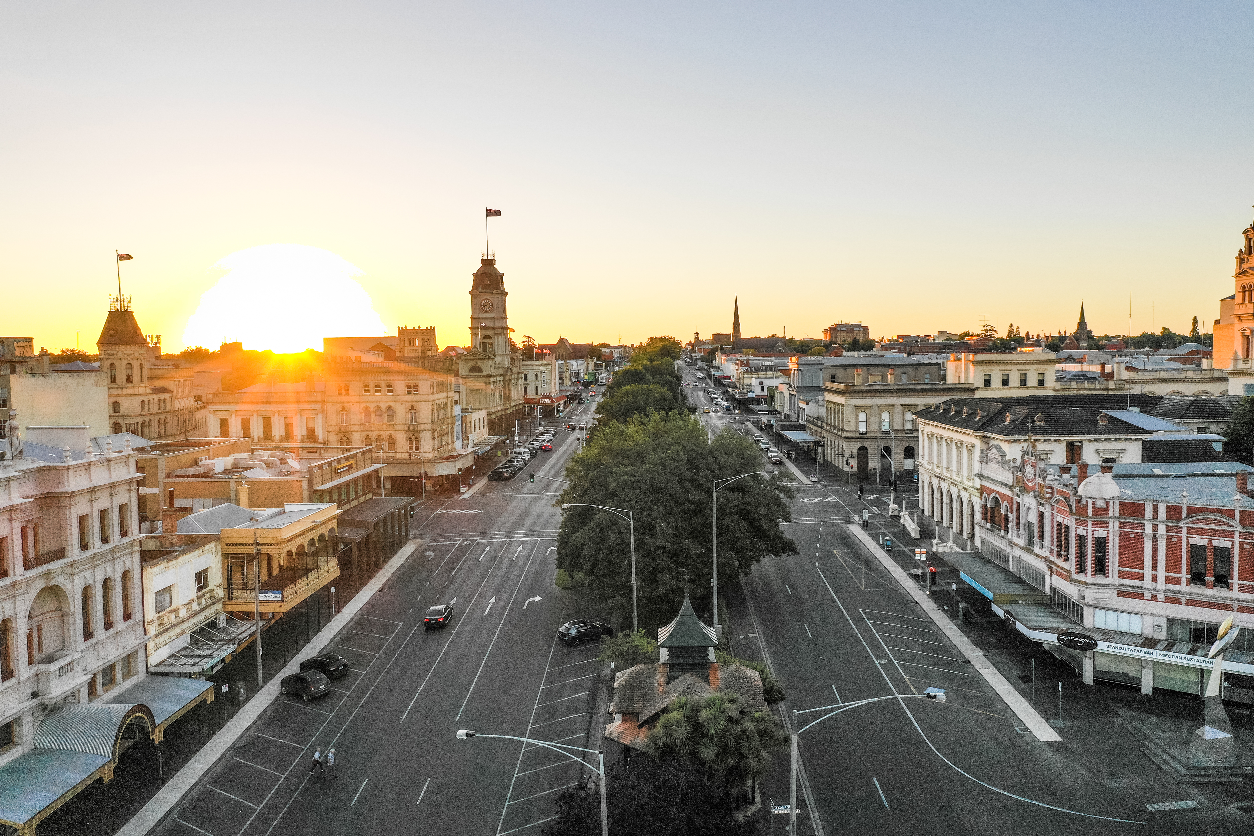 Drone of Ballarat CBD at sunset