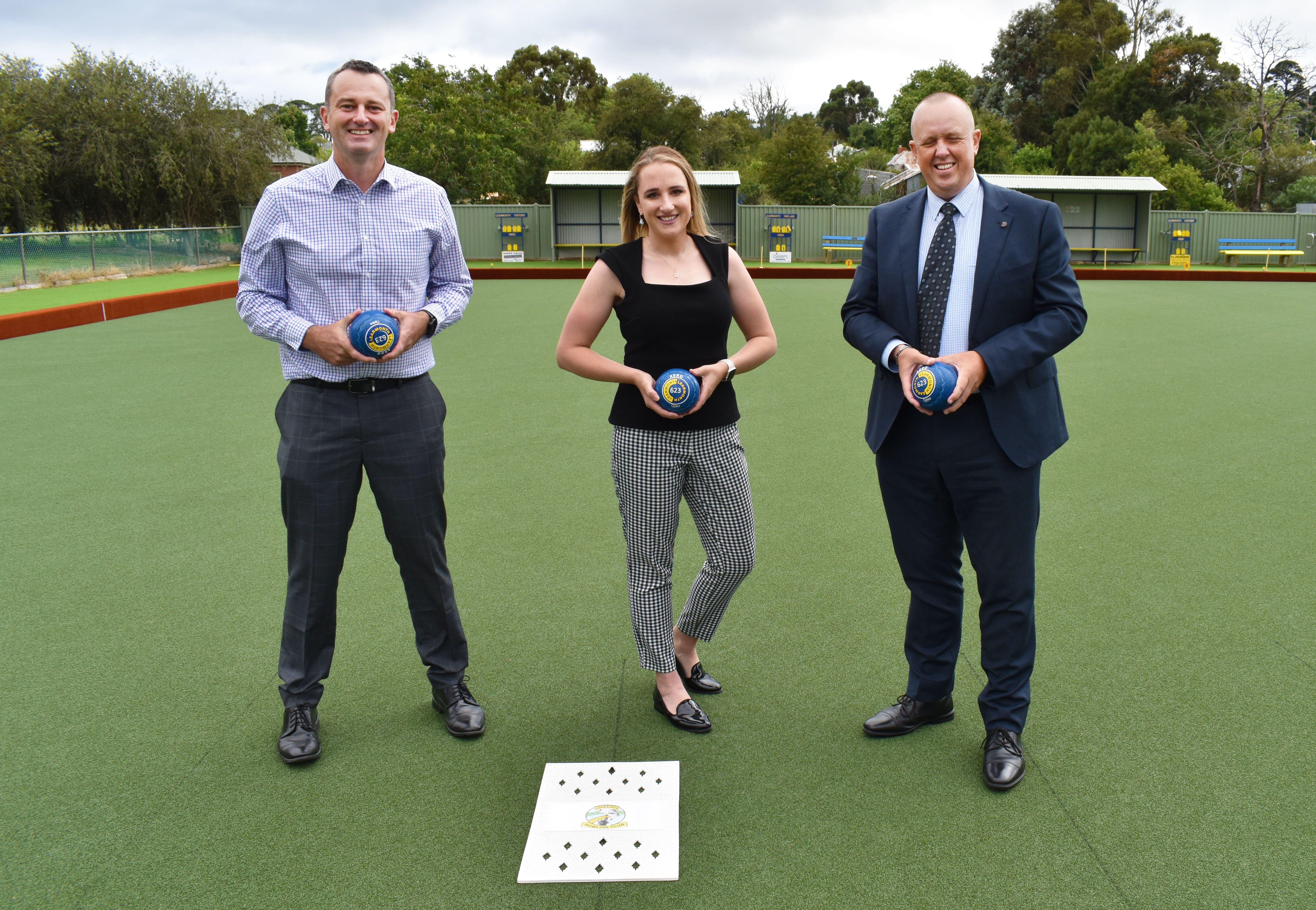 Mayor, Cr Daniel Moloney, Deputy Mayor, Cr Amy Johnson and President of Learmonth Bowling Club, Craig Findlay