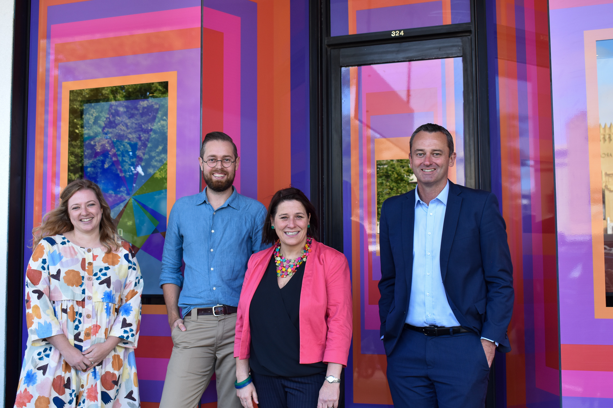 Generic photo shop front artwork with Ballarat Evolves Kelsie White, Artist Spencer Harrison, Member for Wendouree Juliana Addison and City of Ballarat Mayor Cr Daniel Moloney and 