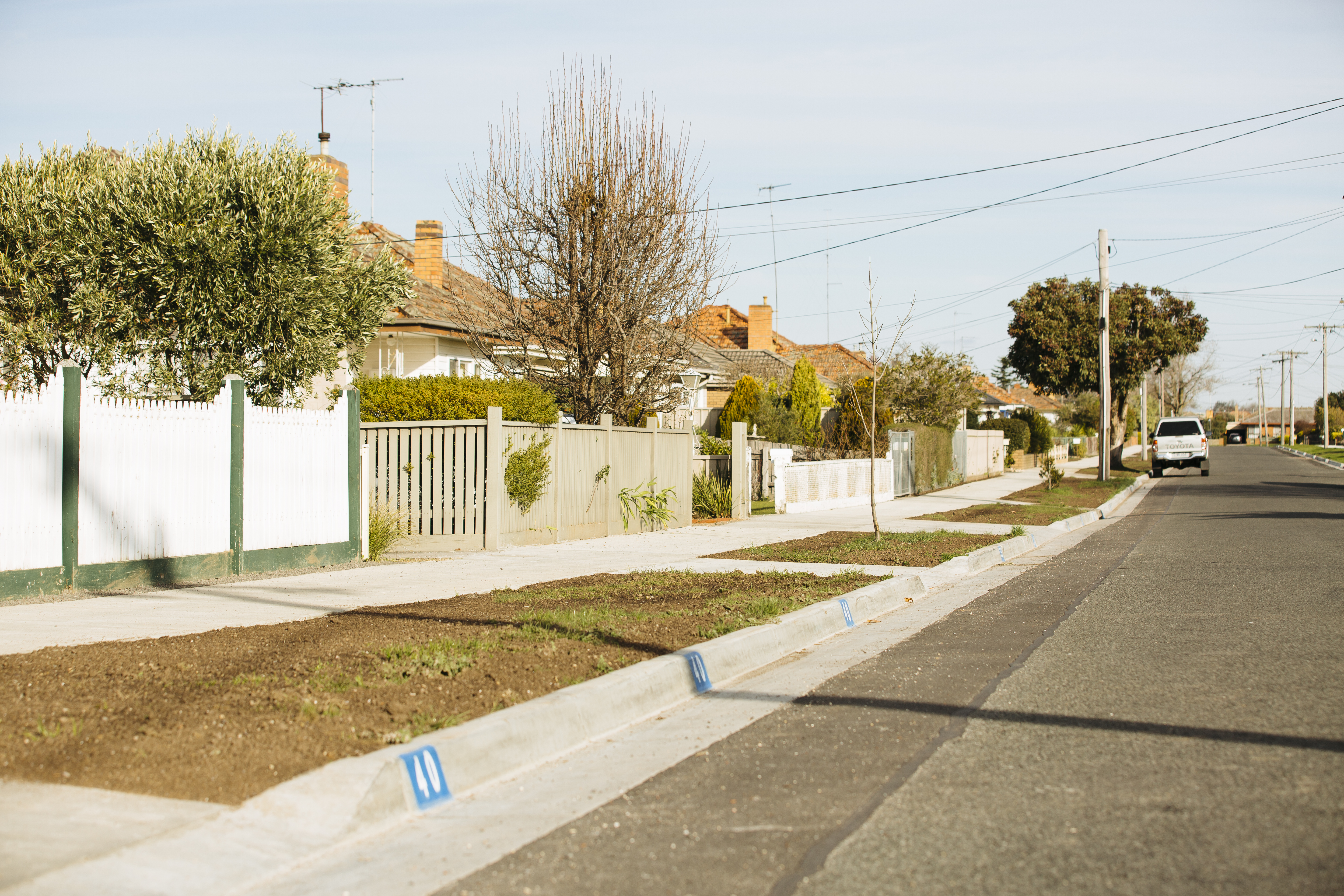 Generic photo street, kerb, fences and trees