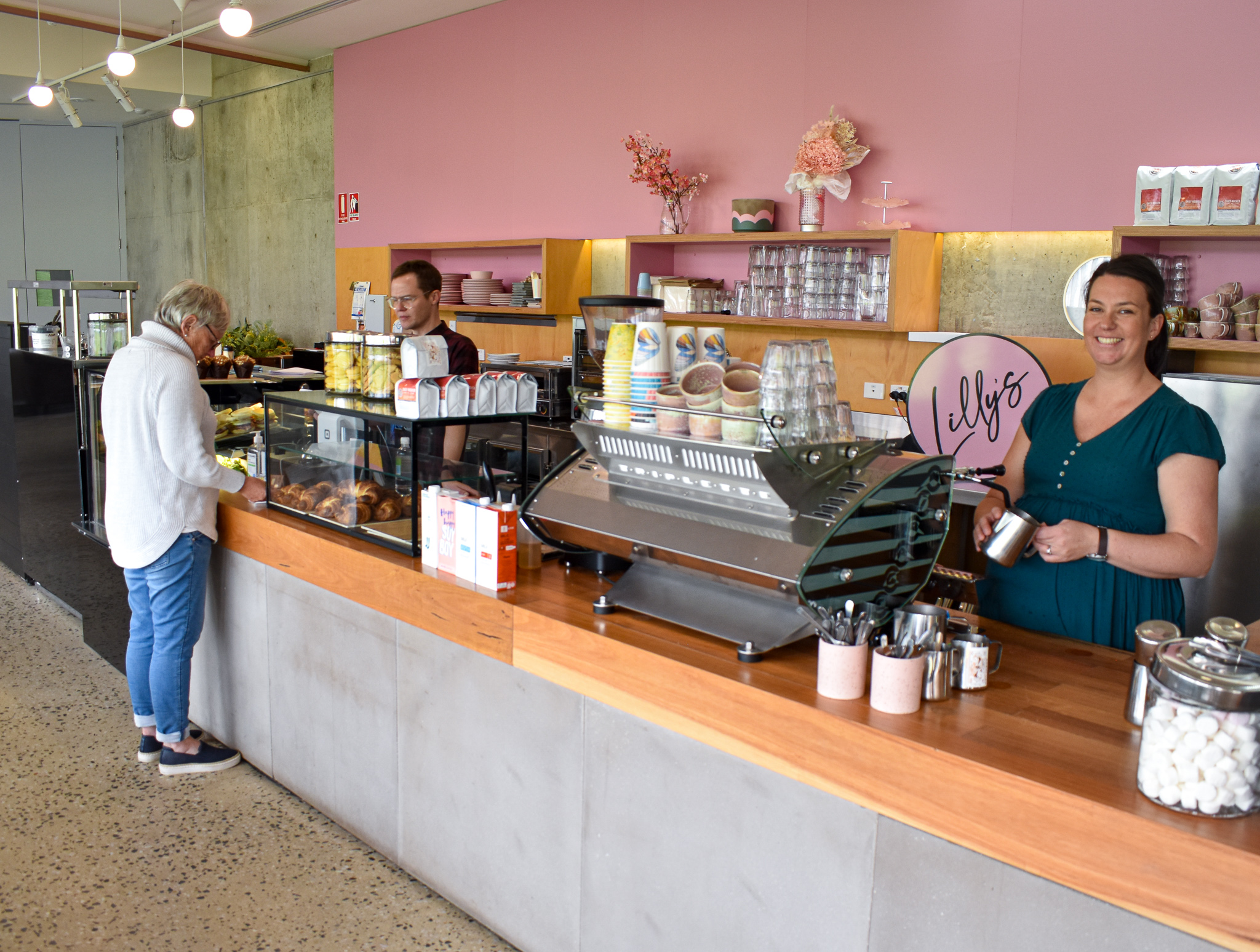 Catherine Gill at the bar of the cafe at Eureka Centre