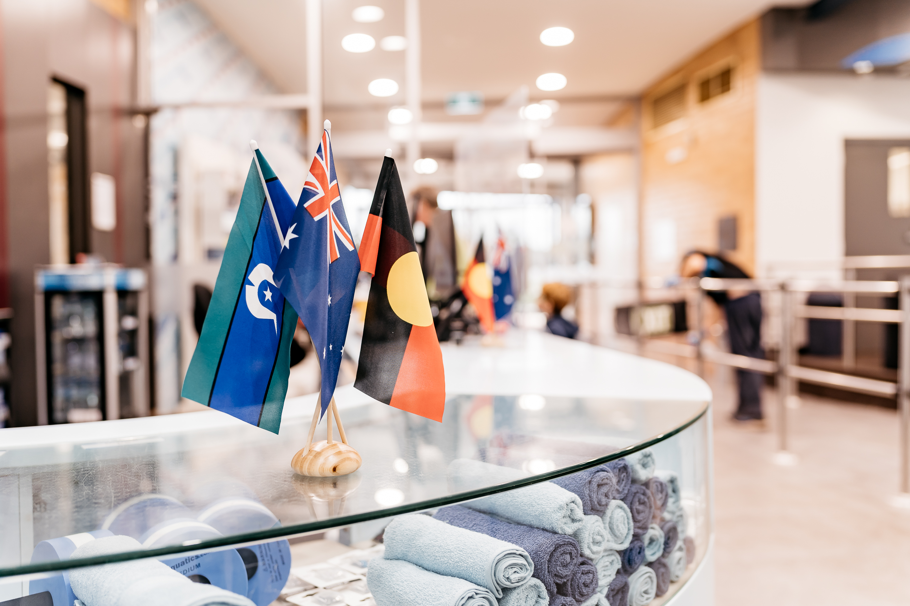 Torres Strait Flag, Australian Flag, Aboriginal Flag on desk at BALC