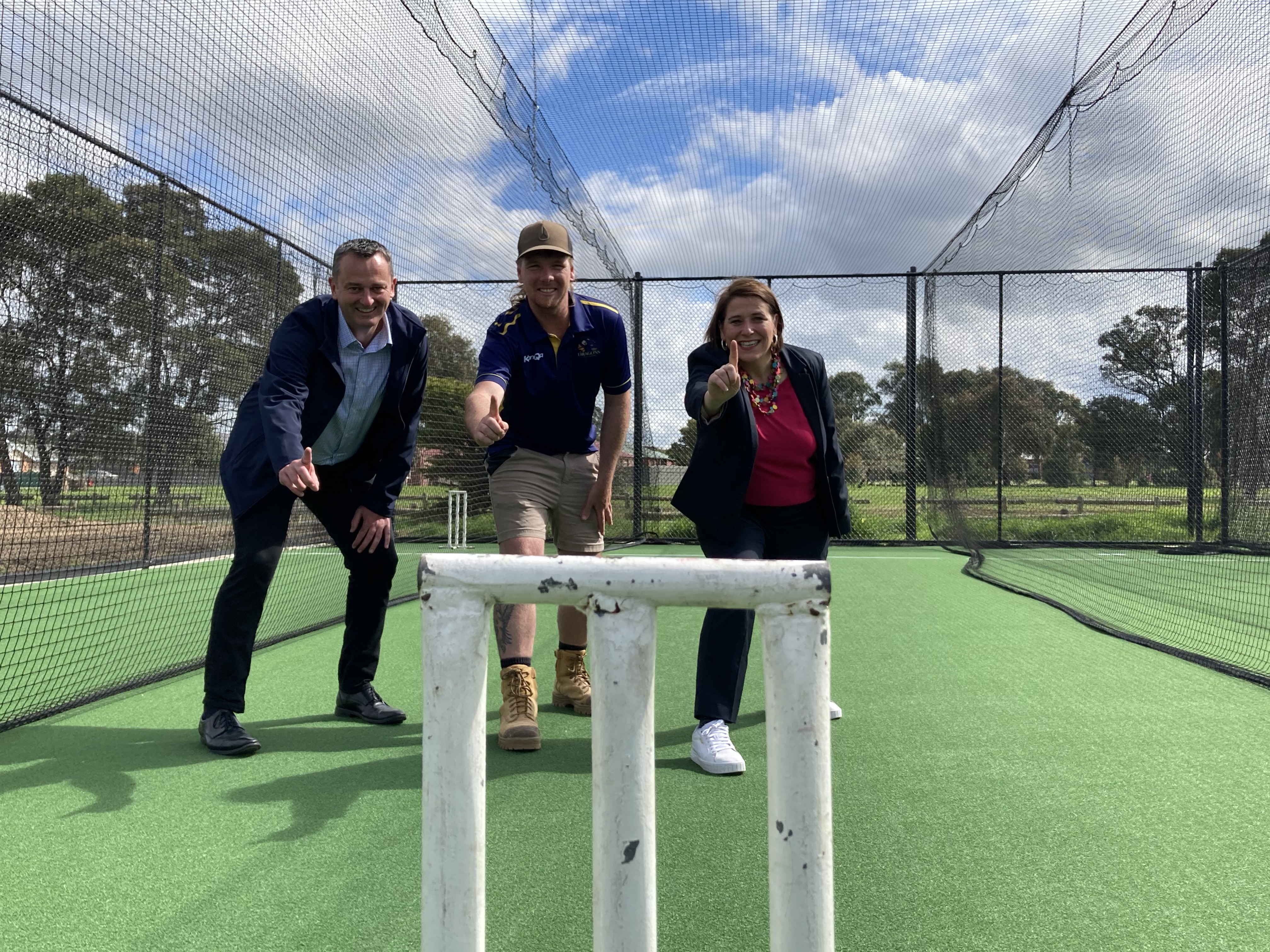 Generic photo cricket nets Mayor Daniel Moloney, cricket player and Juliana Addison