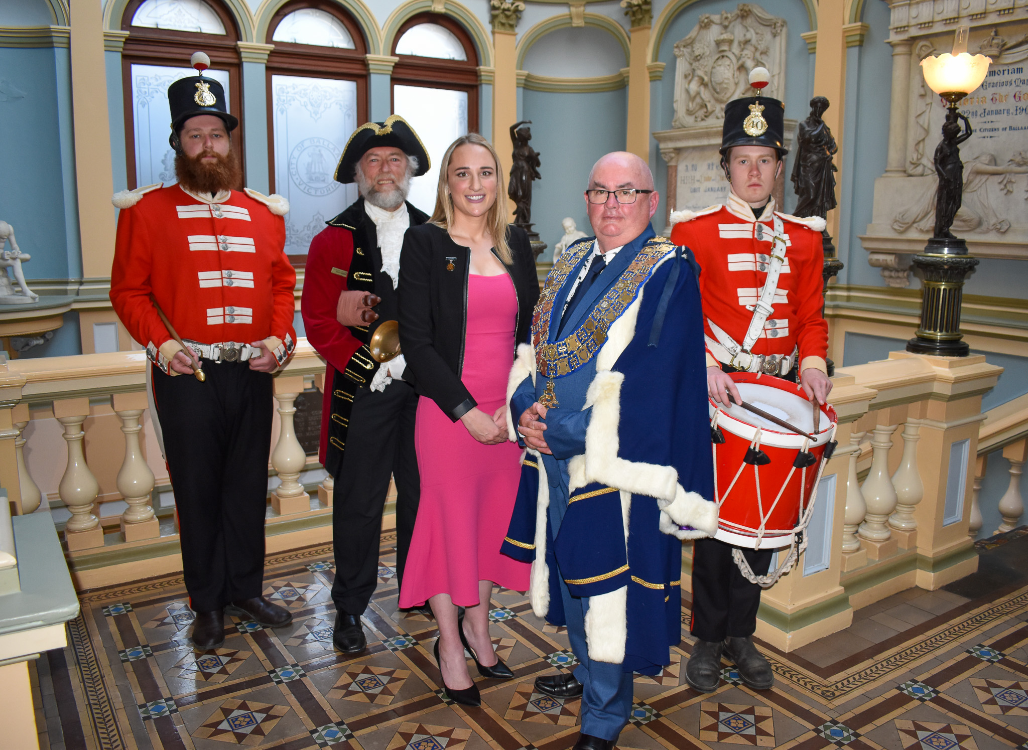 City of Ballarat Deputy Mayor Cr Amy Johnson and Mayor Des Hudson pictured with the Sovereign Hill Redcoates and the town crier. 