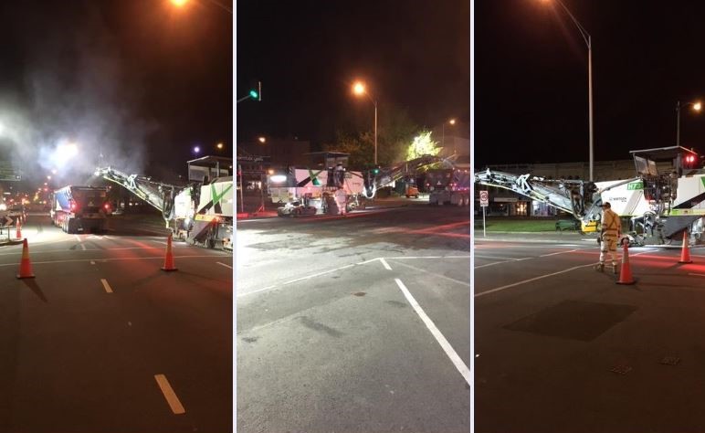 Three photos are side by side. They all depict a profiling machine working on a road from different angles. 