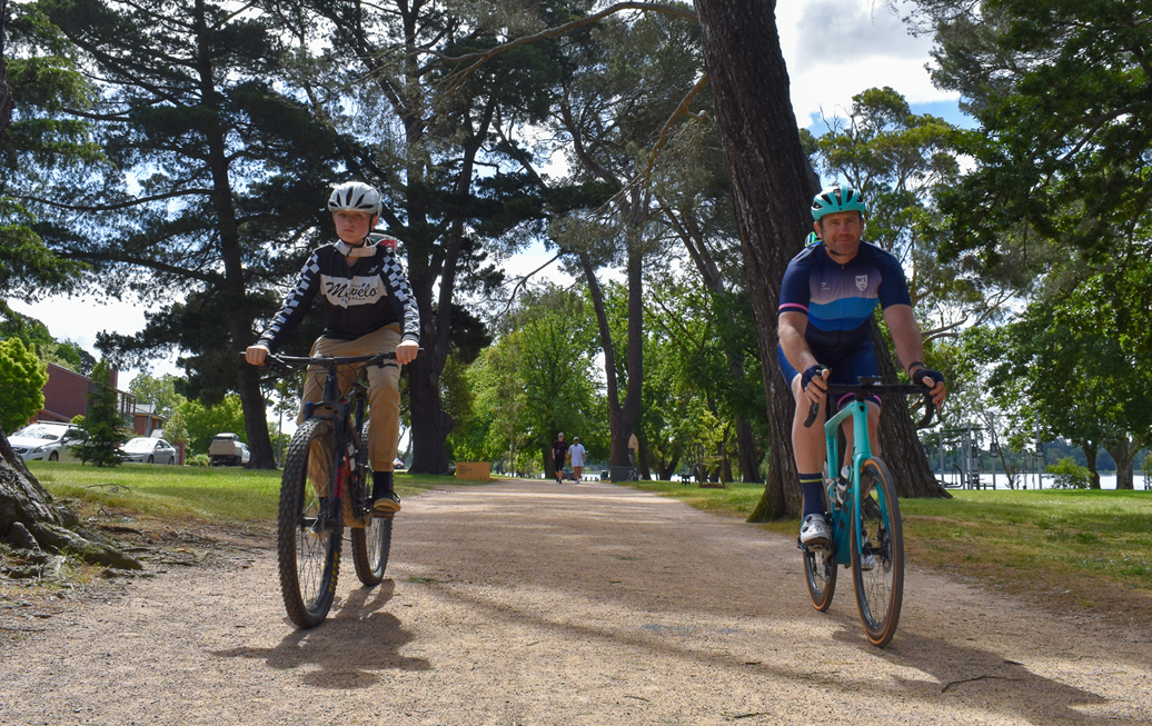 Luke Taylor and his son Alfie Wadling riding around Lake Wendouree