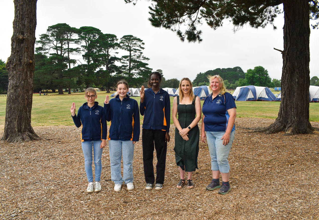 Girl Guides with Cr Amy Johnson and Jamboree Leader Helen Reid.