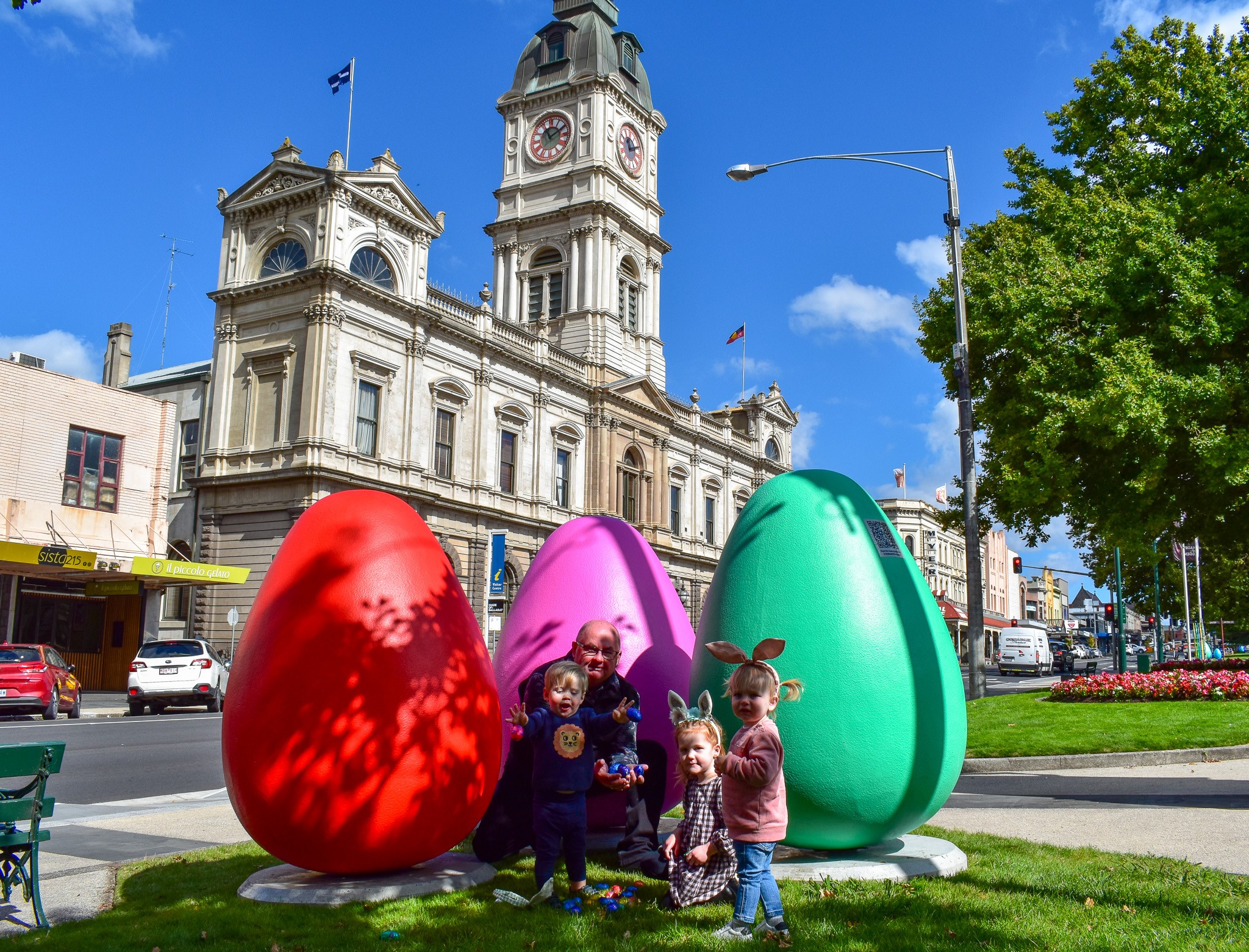 Generic image of giant easter eggs, Town Hall, Mr Mayor and children