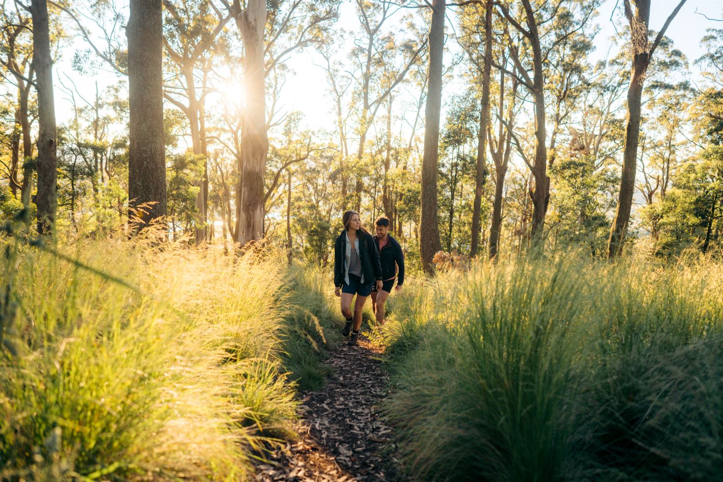 A man and a woman walk through the bush. 