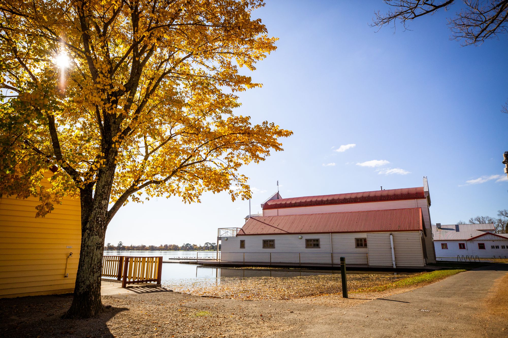 Lake Wendouree boatshed in winter sunlight