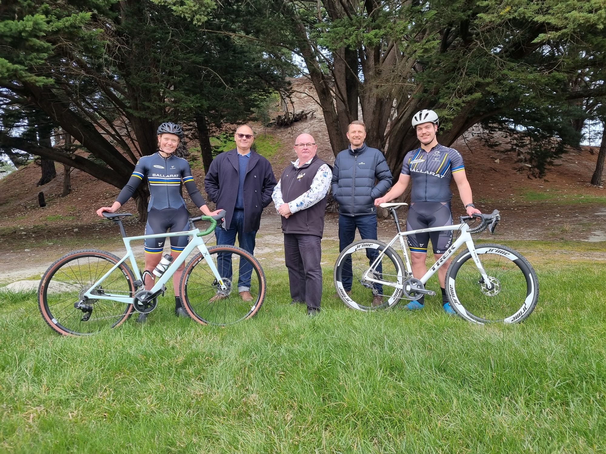 Competitor Sophie Byrne, CX Ballarat director Michael Hands, City of Ballarat Mayor Cr Des Hudson, CX Ballarat organiser Adam NcNicol and competitor Travis O'Brien.