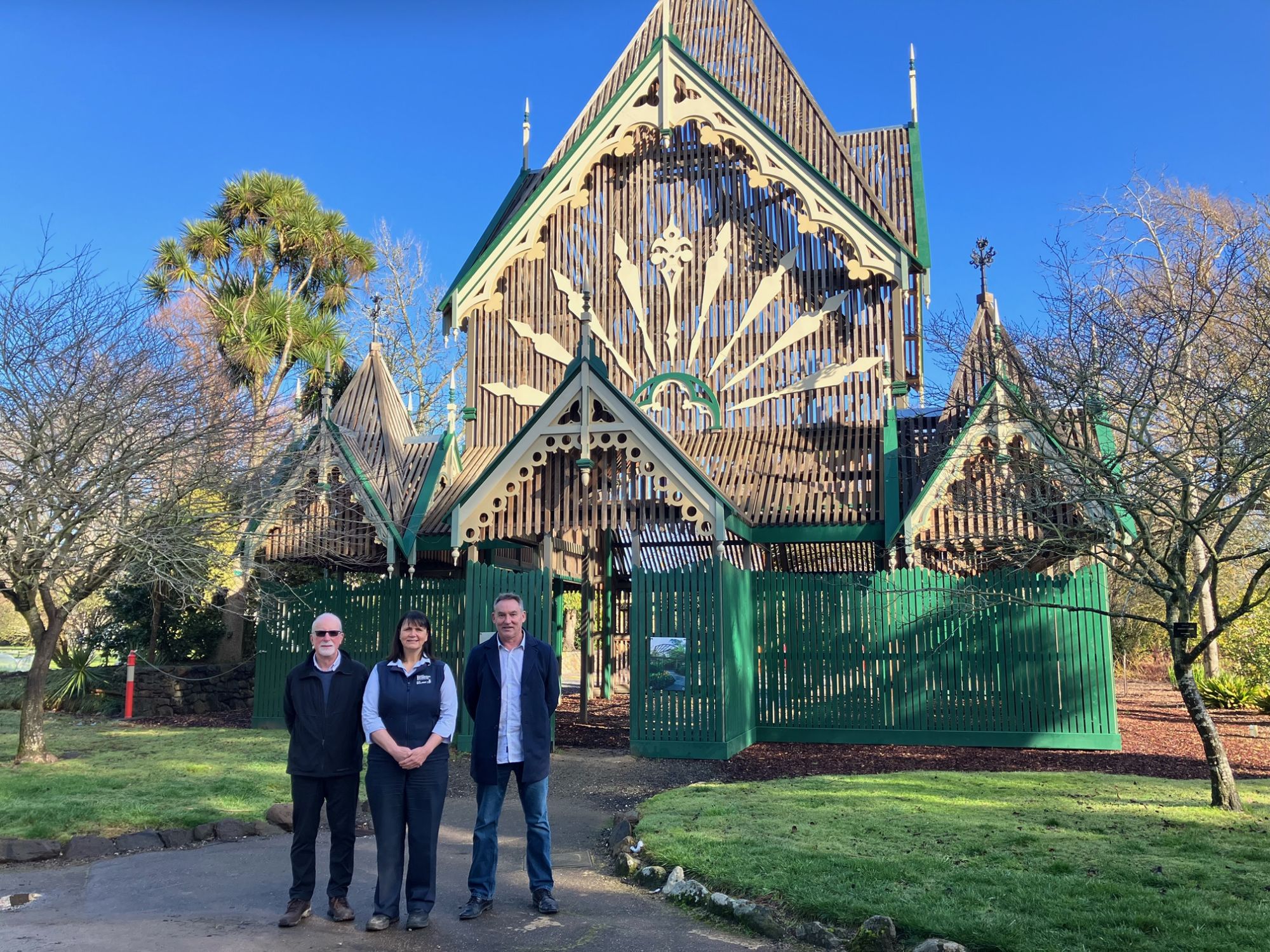 Terry O’Brien, Donna Thomas and Wayne De Klijn stand in front of the Ballarat Fernery