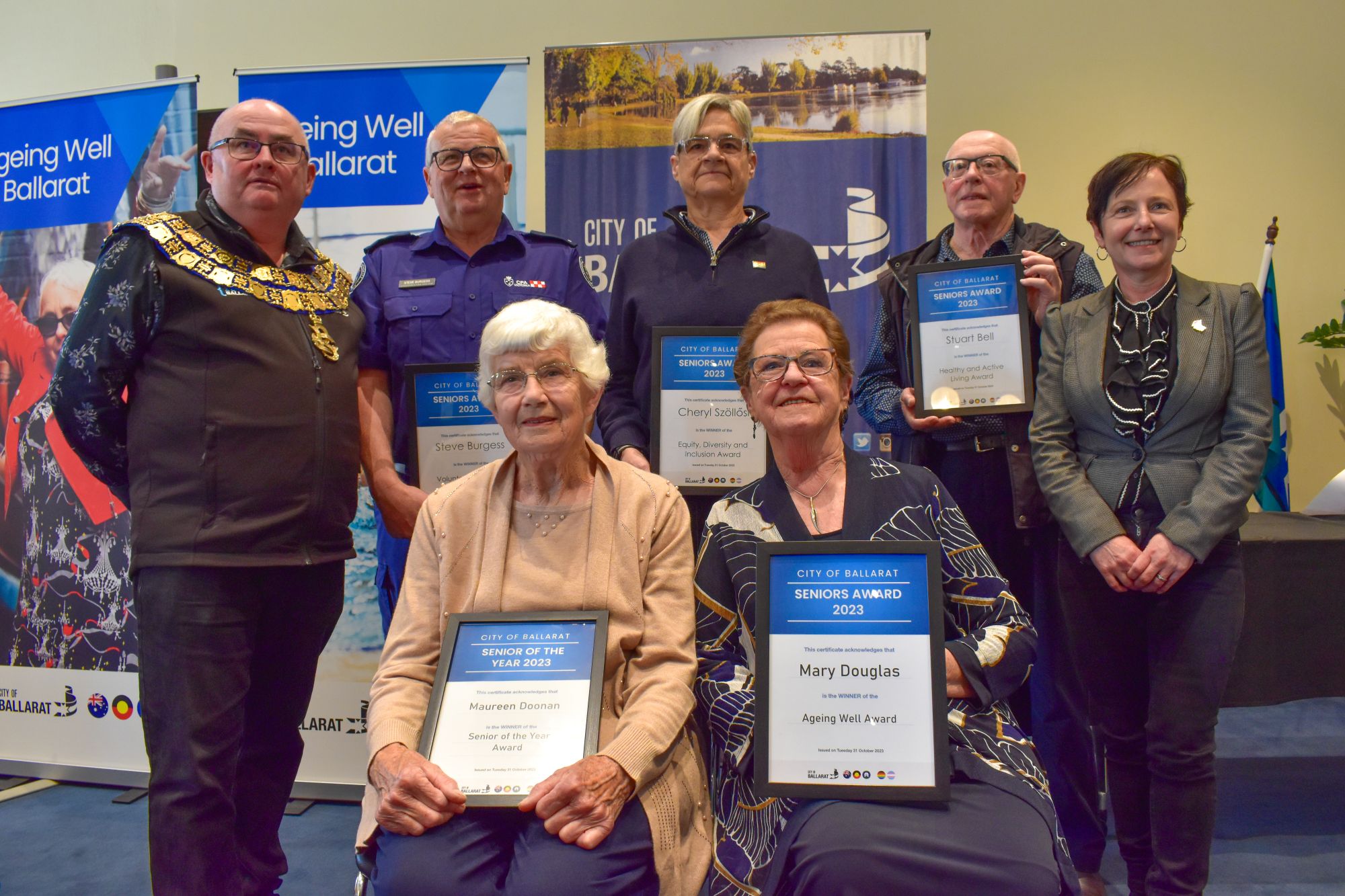 City of Ballarat Mayor Cr Des Hudson with Volunteer Award winner Steve Burgess,  Equity Diversity and Inclusion Award winner Cheryl Szöllősi,  Healthy and Active Living Award winner Stuart Bell, Cr Belinda Coates, Ballarat Senior of the Year winner Maureen Doonan and Ageing Well Award winner Mary Douglas. 