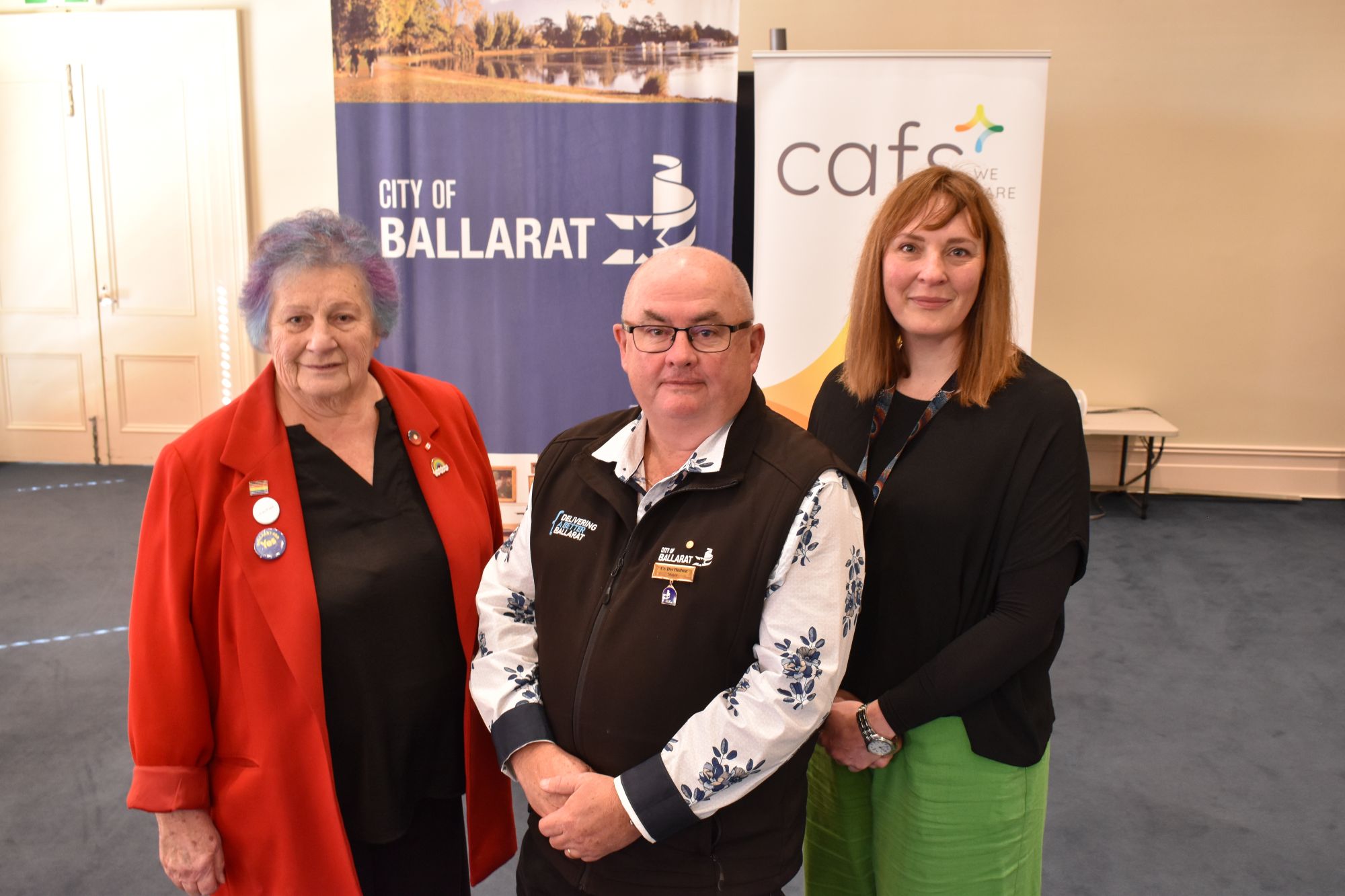 City of Ballarat Mayor, Cr Des Hudson with Lived Experience Advisory Committee member, Linda Genser and Cafs Community Engagement Officer, Linda Borner