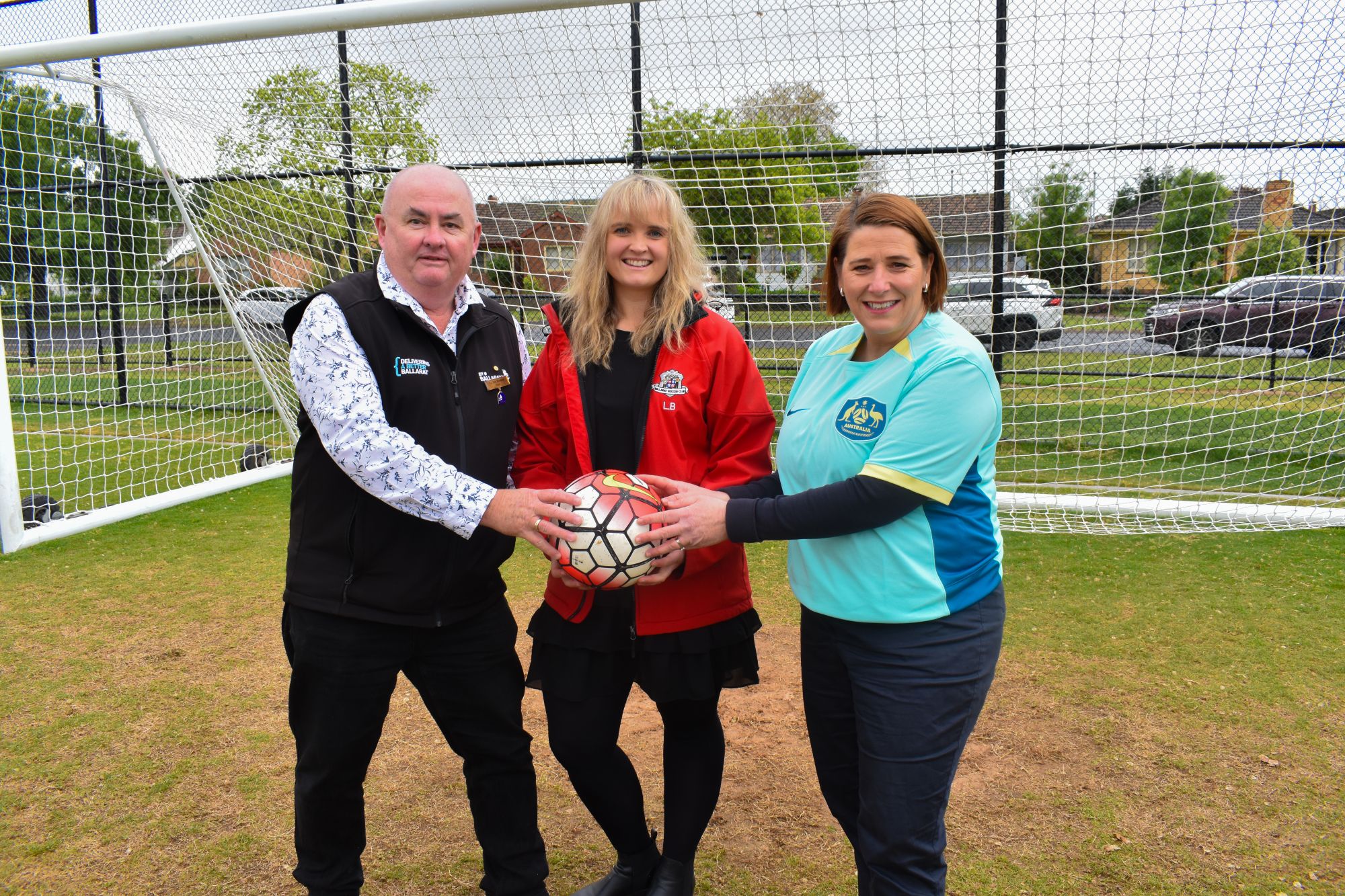 Pleasant Street Reserve upgrade: City of Ballarat Mayor, Cr Des Hudson, Ballarat Soccer Club president Lucy Brennan and Member for Wendouree, Juliana Addison.