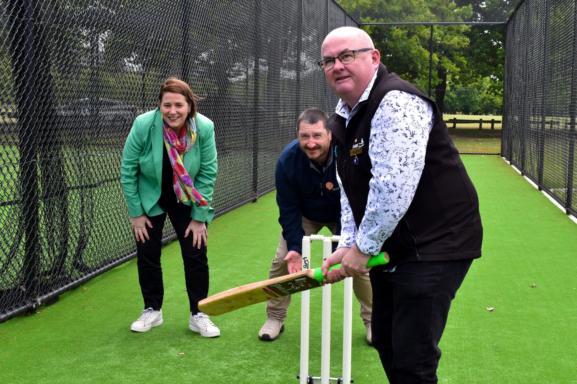 City of Ballarat Mayr, Cr Des Hudson with Member for Wendouree Juliana Addison and Lucas Cricket Club president Dave Horwood.