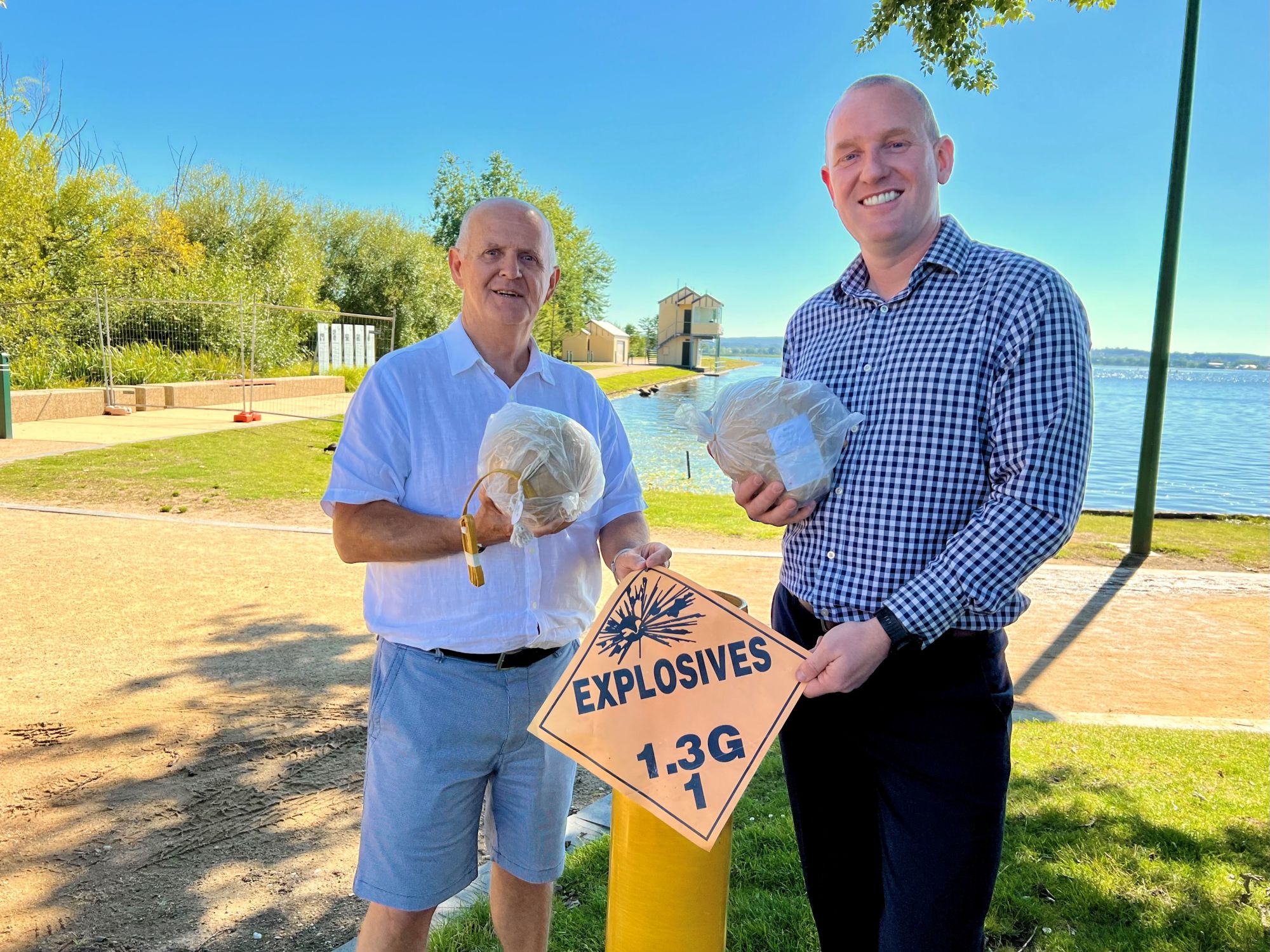 Cr Peter Eddy and Matthew Batty at Lake Wendouree previewing the Fireworks Spectacular 2024