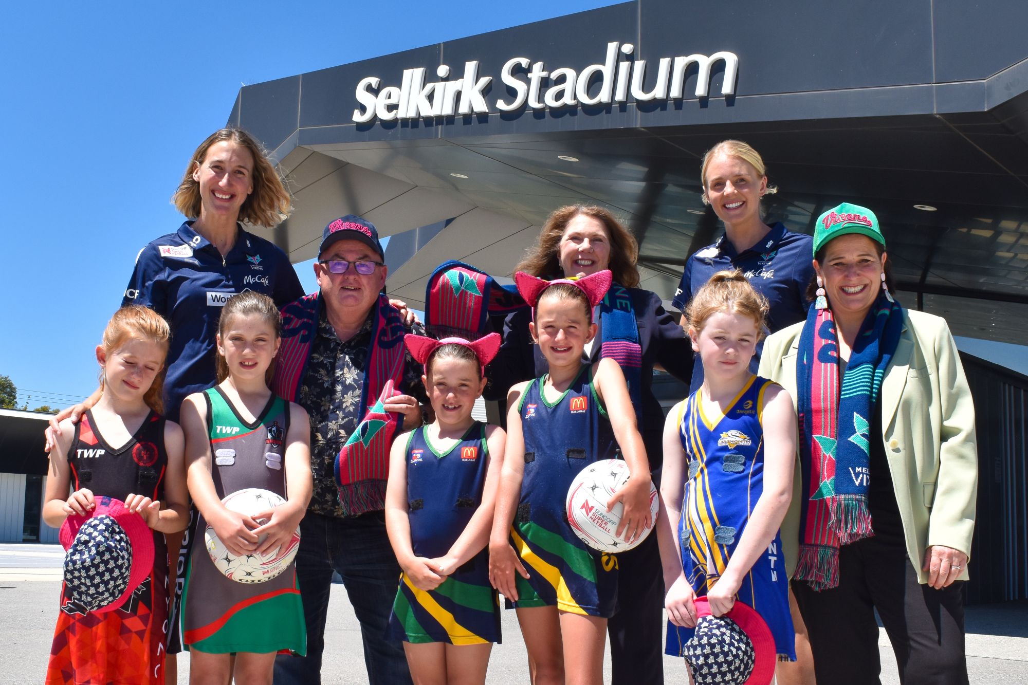 Melbourne Vixens and Netball Victoria announcement - Mayor Des Hudson, Juliana Addison, Catherine King.