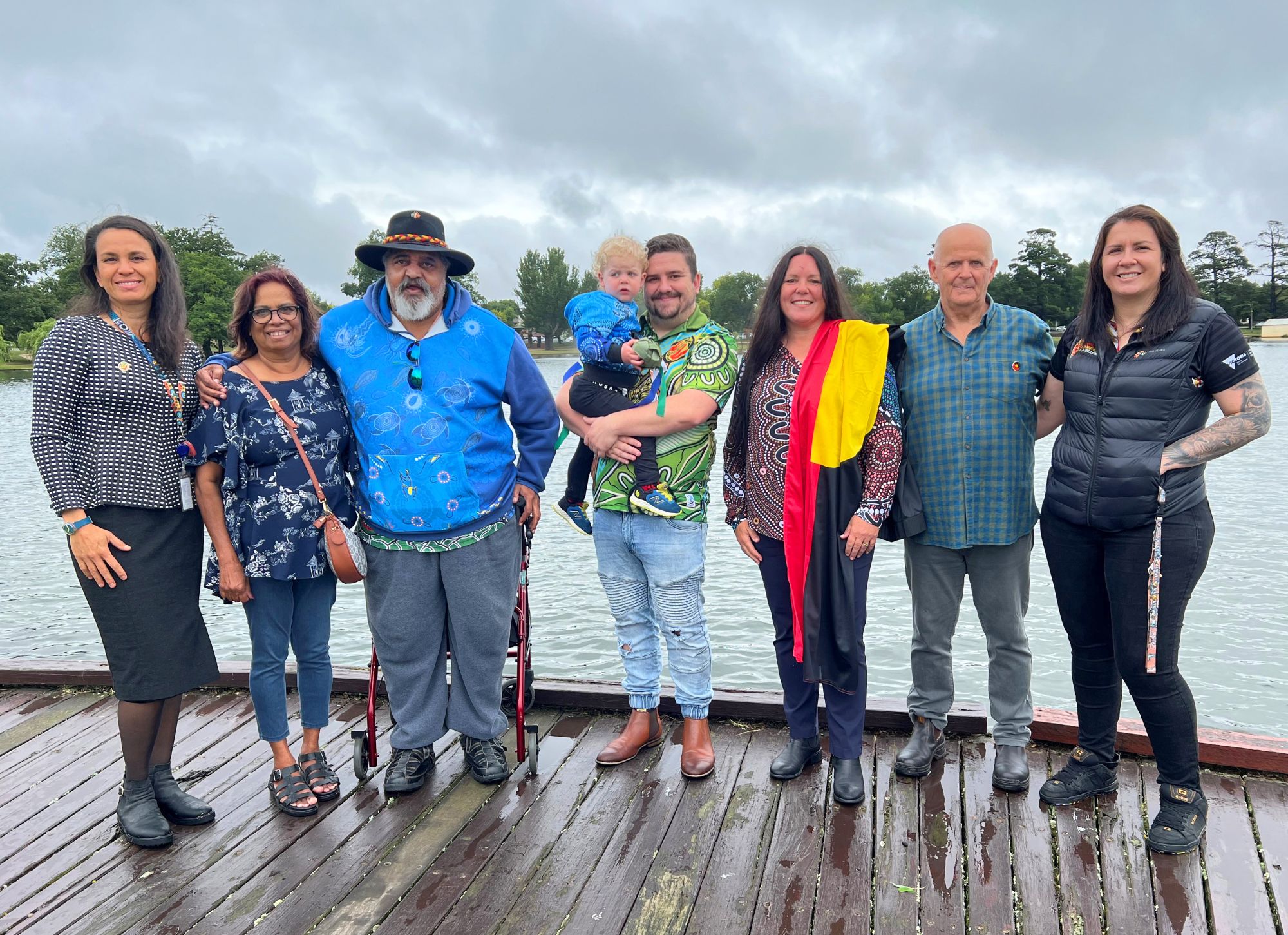 Lenka Vanderboom (City of Ballarat Aboriginal Community Liaison Officer), Leonie and Alan Harris (community members), Luke Bosworth (KEAG member) with Sebastian, Sarah Jane Hall (KEAG Co-Chair), Cr Peter Eddy (Deputy Mayor) and Adina King (KEAG member).