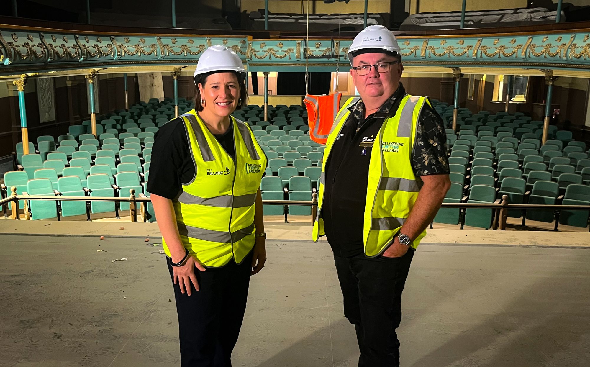 Member for Wendouree, Juliana Addison with City of Ballarat Mayor, Cr Des Hudson on the Her Majesty's Theatre stage. 