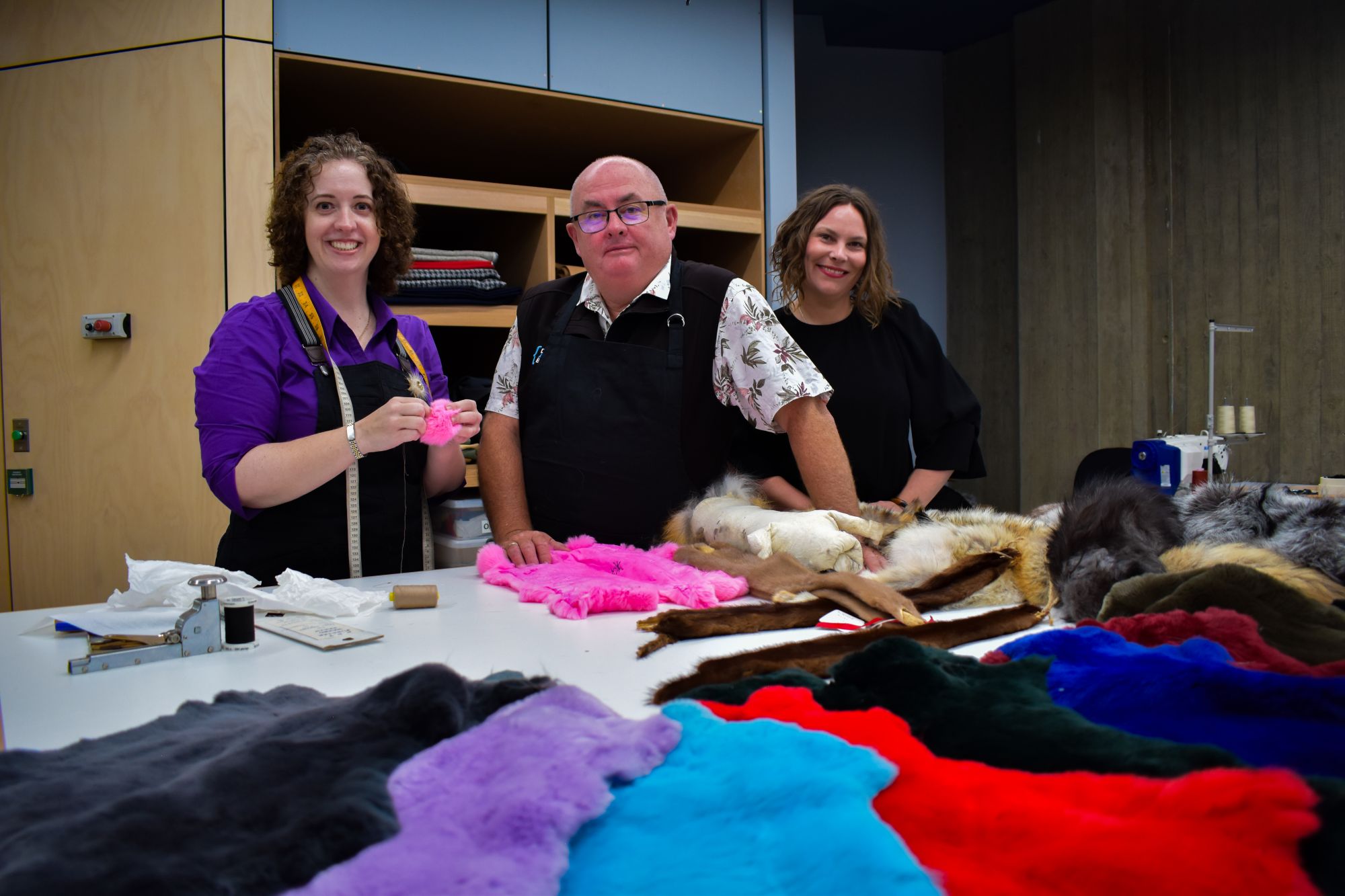 Furrier and Craft Lab 24 practitioner Myleah Bailey, City of Ballarat Mayor Cr Des Hudson and Australian Centre for Rare Arts & Forgotten Trades general manager Erin Santamaria.