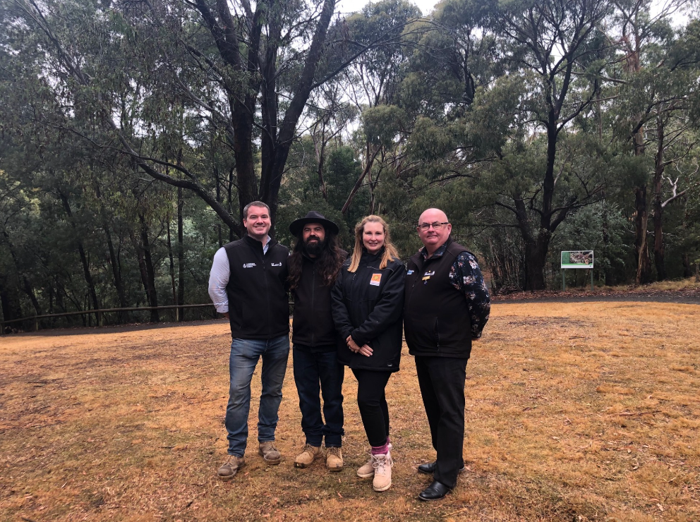 City of Ballarat Senior Sustainability Policy and ESD Officer Heath Steward, Wadawurrung Traditional Owners Aboriginal Corporation representatives Chase Aghan and Kelly Ann Blake, Mayor Cr Des Hudson at Gong Gong Reservoir.