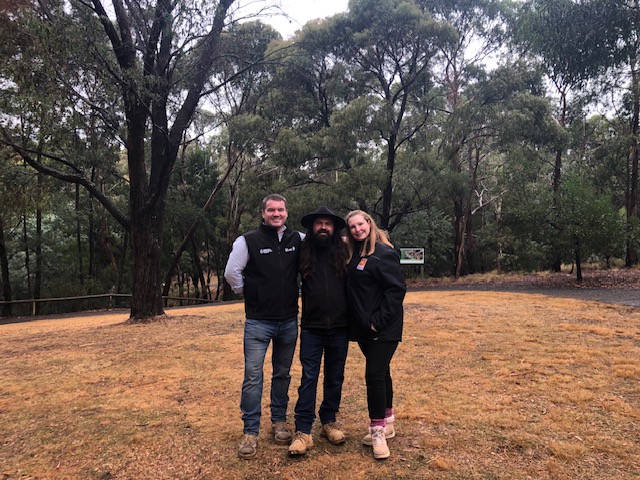 City of Ballarat Senior Sustainability Policy and ESD Officer Heath Steward with Wadawurrung Traditional Owners Aboriginal Corporation representatives Chase Aghan and Kelly Ann Blake at Gong Gong Reservoir.