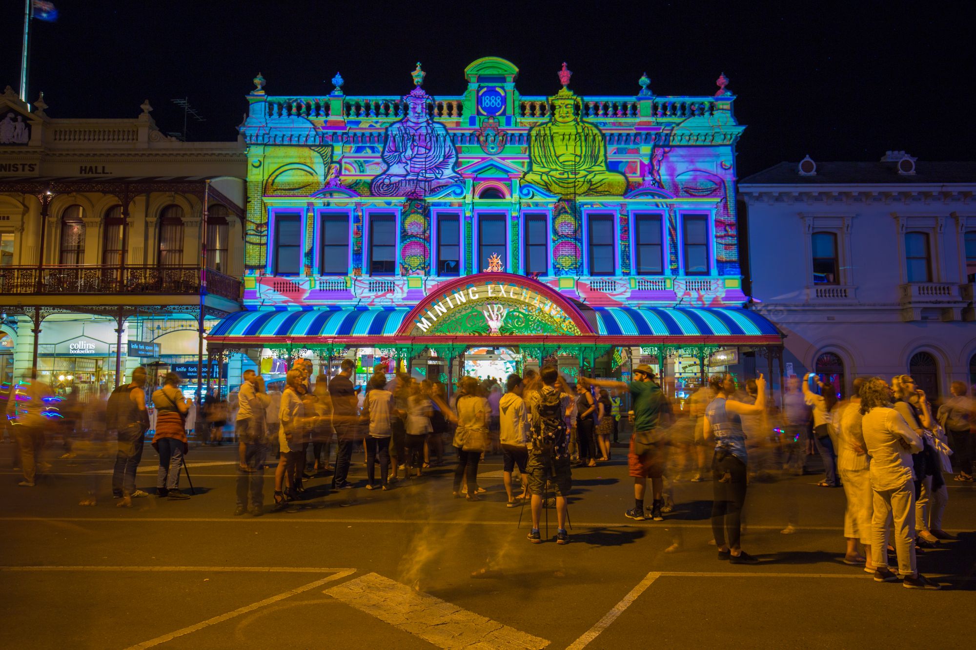 The Ballarat Mining Exchange illuminated during White Night 2018.