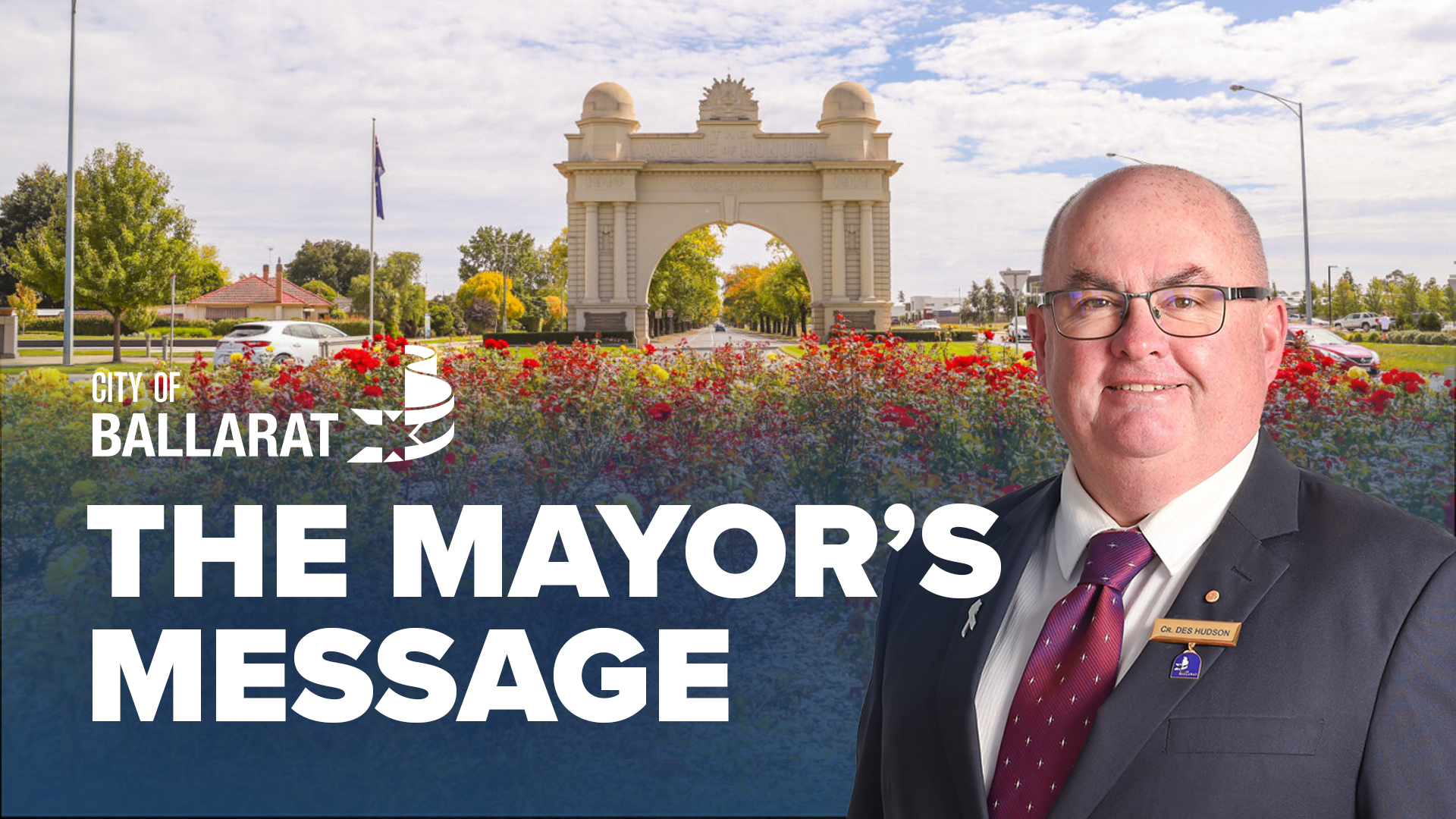 Text with The Mayor's Message with an image of Mayor Cr Des Hudson in front of the Arch of Victory