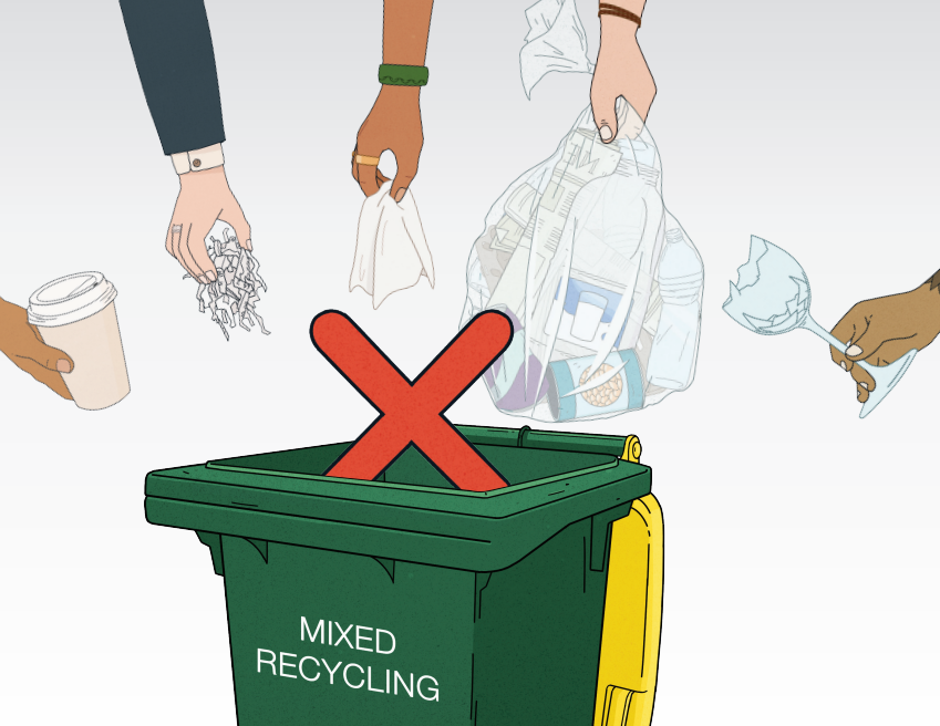 Keep coffee cups, shredded paper, tissues, bagged recyclables and glass out of your recycling