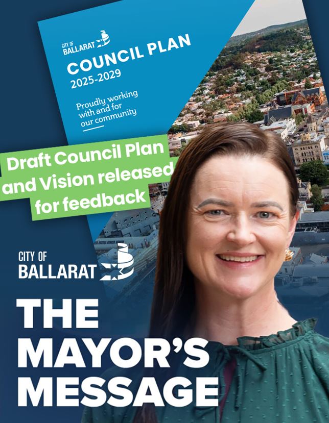 Image of Mayor with image of Council Plan in background