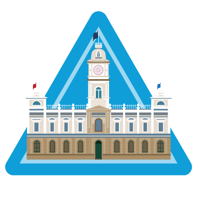 town hall illustration on blue warning sign background