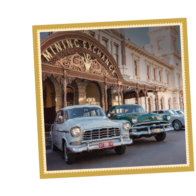 photo of vintage cars out the front of the mining exchange in a decorative frame