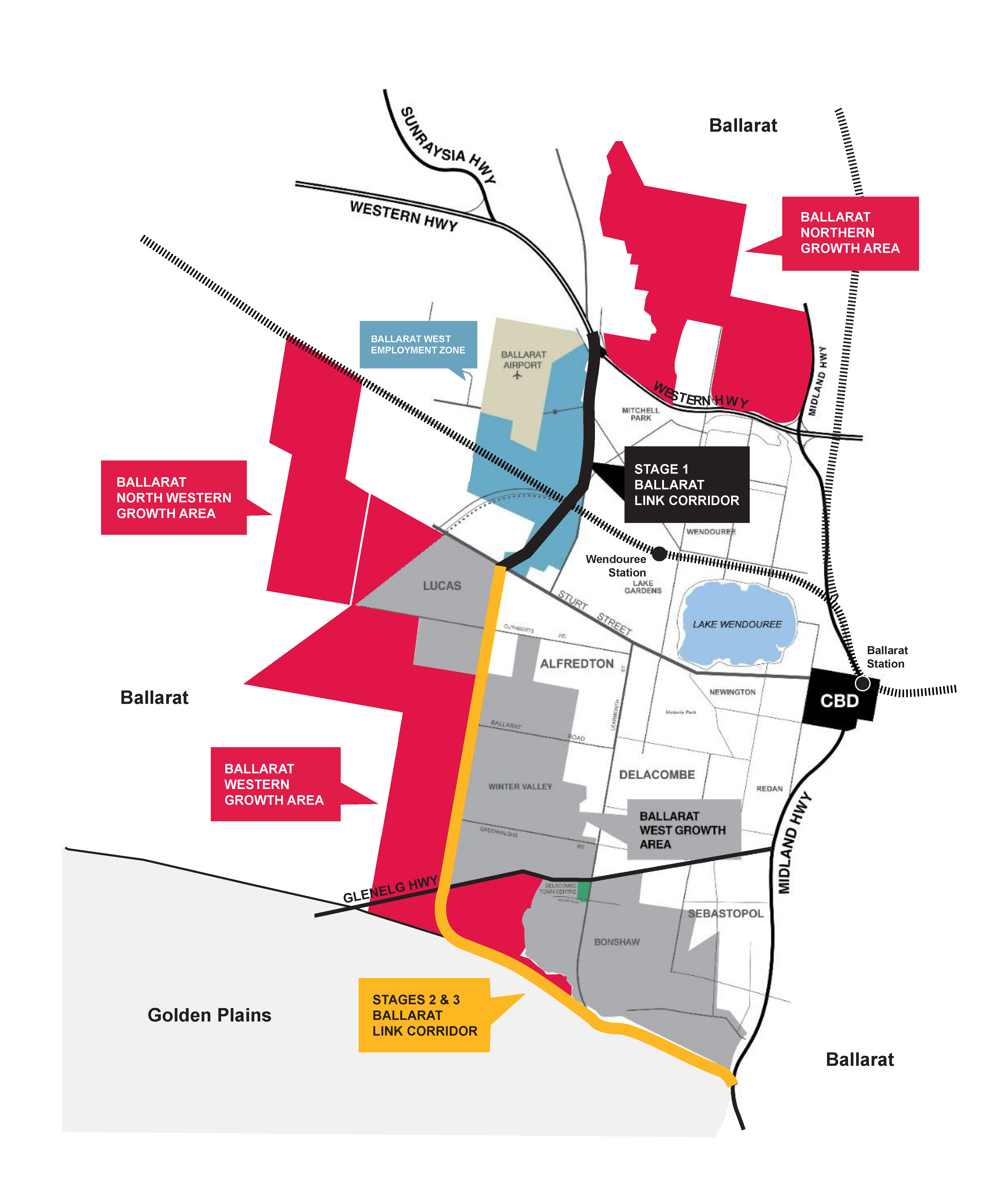 map indicating the growth zones surrounding ballarat