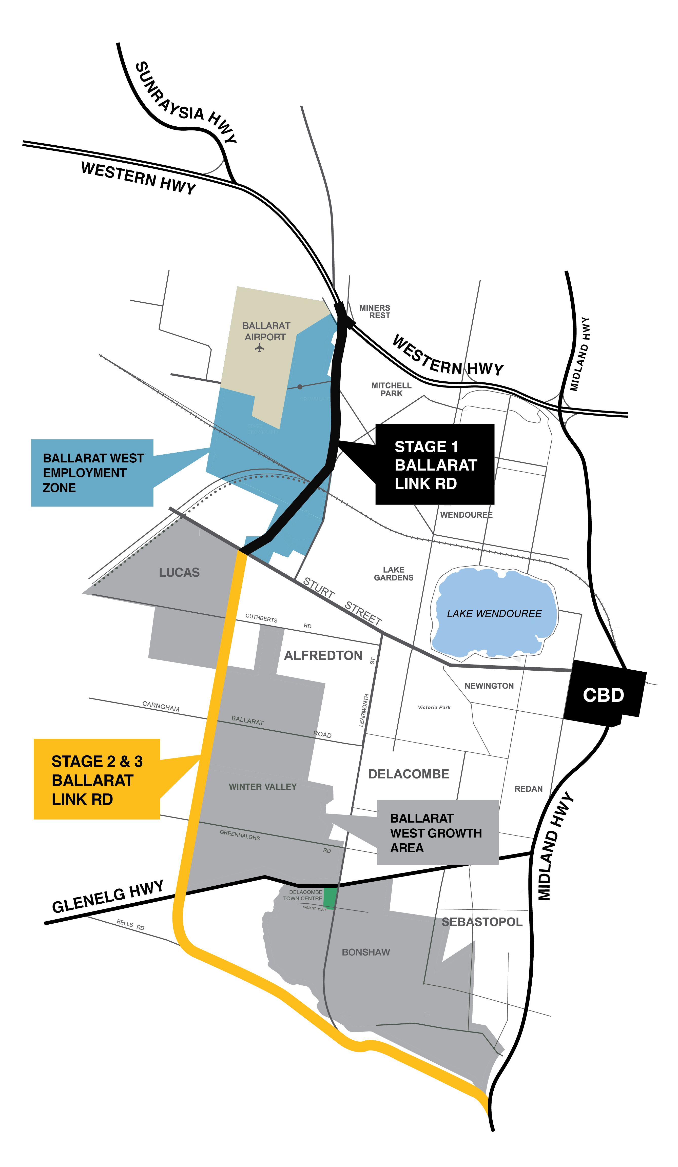 Image of the planned route for Ballarat Link Road. Stages Two and Three of the road will run south from Sturt Street to Glenelg Highway, then slightly south and east to the Midland Highway
