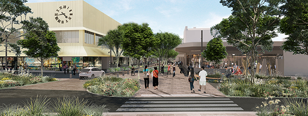 An artists rendering of people in the new look bridge mall at the grenville street end 