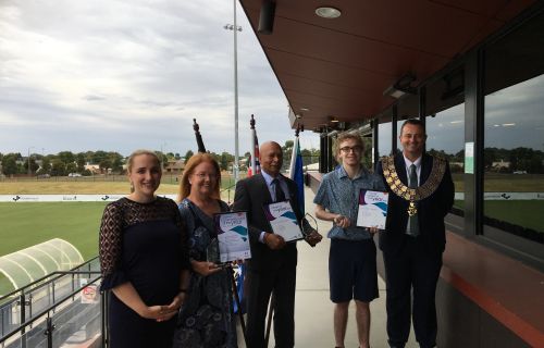 Left to right: Deputy Mayor Cr Amy Johnson, Heather Luttrell, Dr Sundram Sivamalai, Gabriel Gervasoni and Ballarat Mayor Cr Daniel Moloney