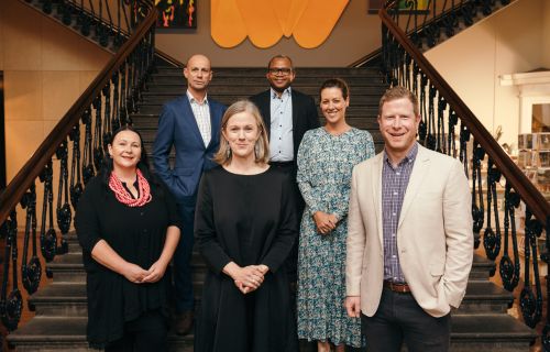 Six of the We Are Ballarat Ambassadors, picture at the Art Gallery of Ballarat, from left: Dr Deanne Gilson, Steve Moneghetti AM, Sara Quon, Dr Michael Akindeju, Gorgi Coghlan and Tim Bone