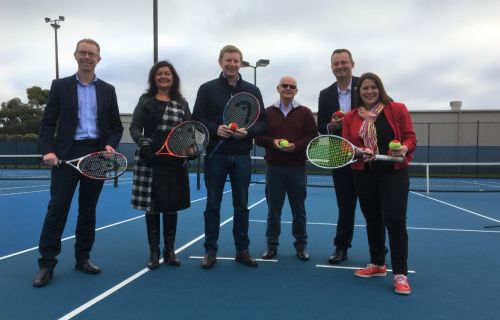 City of Ballarat CEO Evan King, Central Ward Cr Samantha McIntosh, Ballarat Regional Tennis Centre President Chris Alcock, North Ward Cr Peter Eddy, Ballarat Mayor Daniel Moloney and Member for Wendouree Juliana Addison at the announcement of $1 million funding for the Ballarat Regional Tennis Centre upgrade.