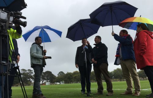 Media interviewing Ballarat Mayor Daniel Moloney, Member for Wendouree Juliana Addison MP, Dave Horwood from Lucas Cricket Club and Sean O'Meara from Victoria Park Football Club 