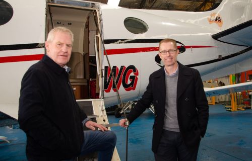 City of Ballarat Airport manager John Hartigan and City of Ballarat CEO Evan King at a hangar at Ballarat Airport  